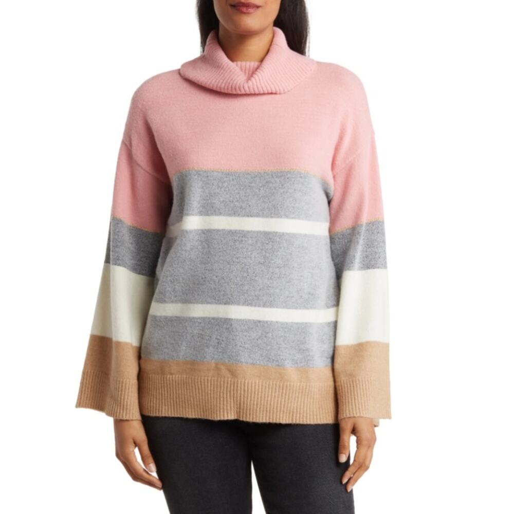 H HALSTON Womens L Stripe Cowl Neck Sweater in Pink Combo NEW